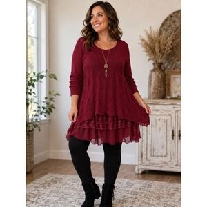 Simply Couture NWT Boho Layered Lace Knit Tunic Sweater Purplish Red XL